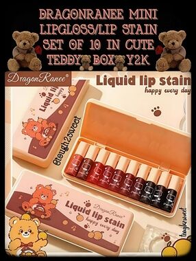 🆕️DRAGONRANEE MINI LIPGLOSS/LIP STAIN SET OF 10 IN CUTE TEDDY🧸BOX🧸 Y2K